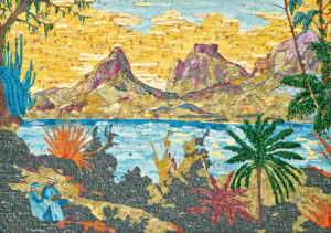 A collaged image of a landscape scene with mountains, a beach, and two individuals